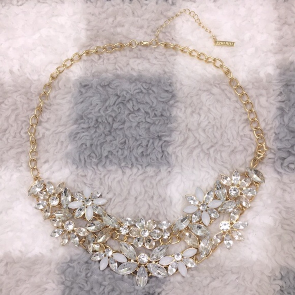 Dynamite Gold Chain Floral Detail Faux Diamond Cluster Statement Necklace - Picture 2 of 6